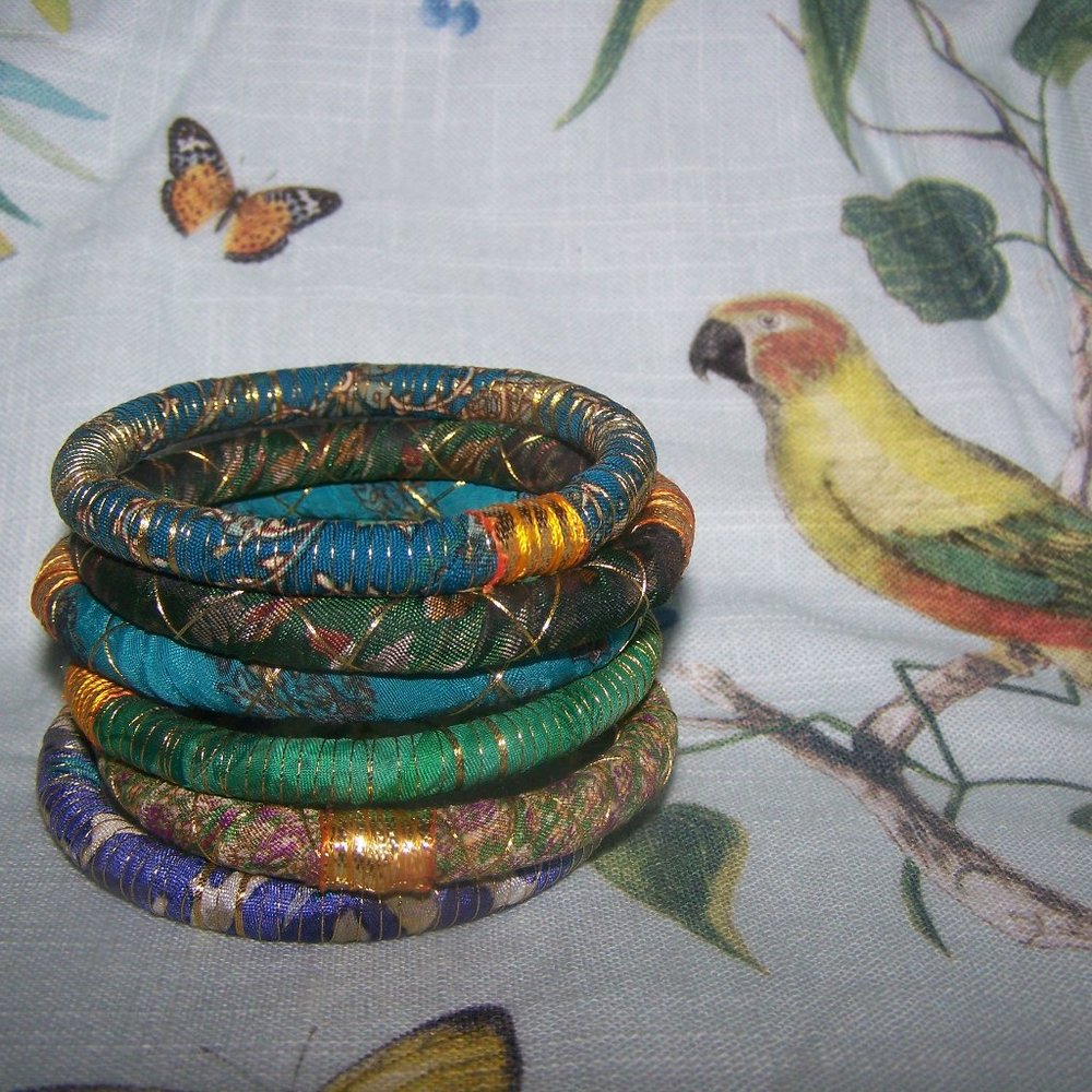 Fabric Wrapped Bangles Set of 6 Bohemian Jewelry